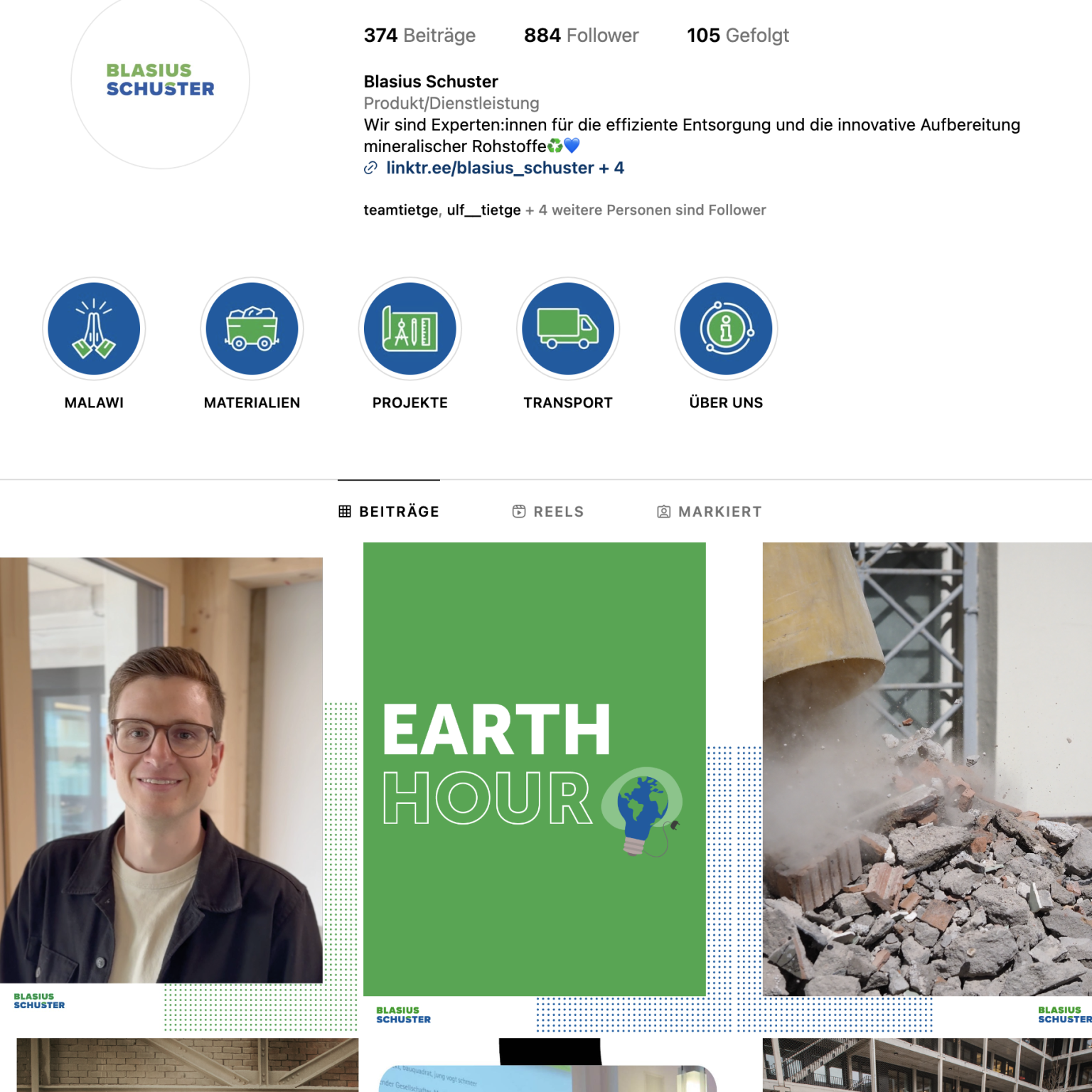 Instagram-Seite von Blasius Schuster – Inhalte rund um Entsorgung, Rohstoffaufbereitung, Team-Insights und nachhaltige Recyclingprojekte.