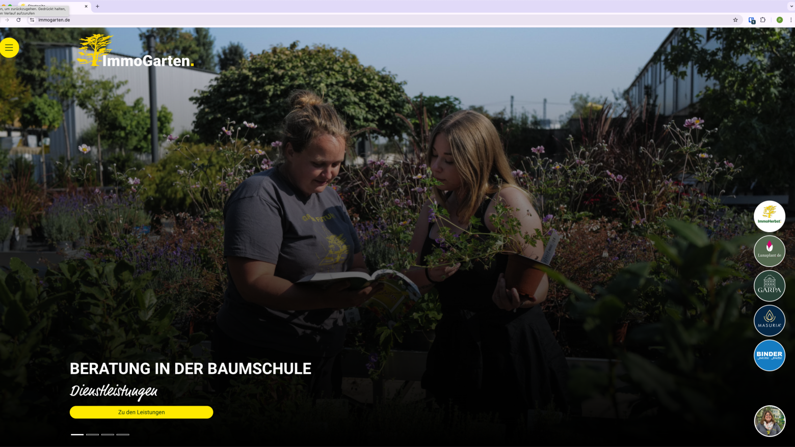 Startseite von ImmoGarten – persönliche Beratung in der Baumschule mit Fokus auf Pflanzenvielfalt, Gartenplanung und Serviceleistungen.