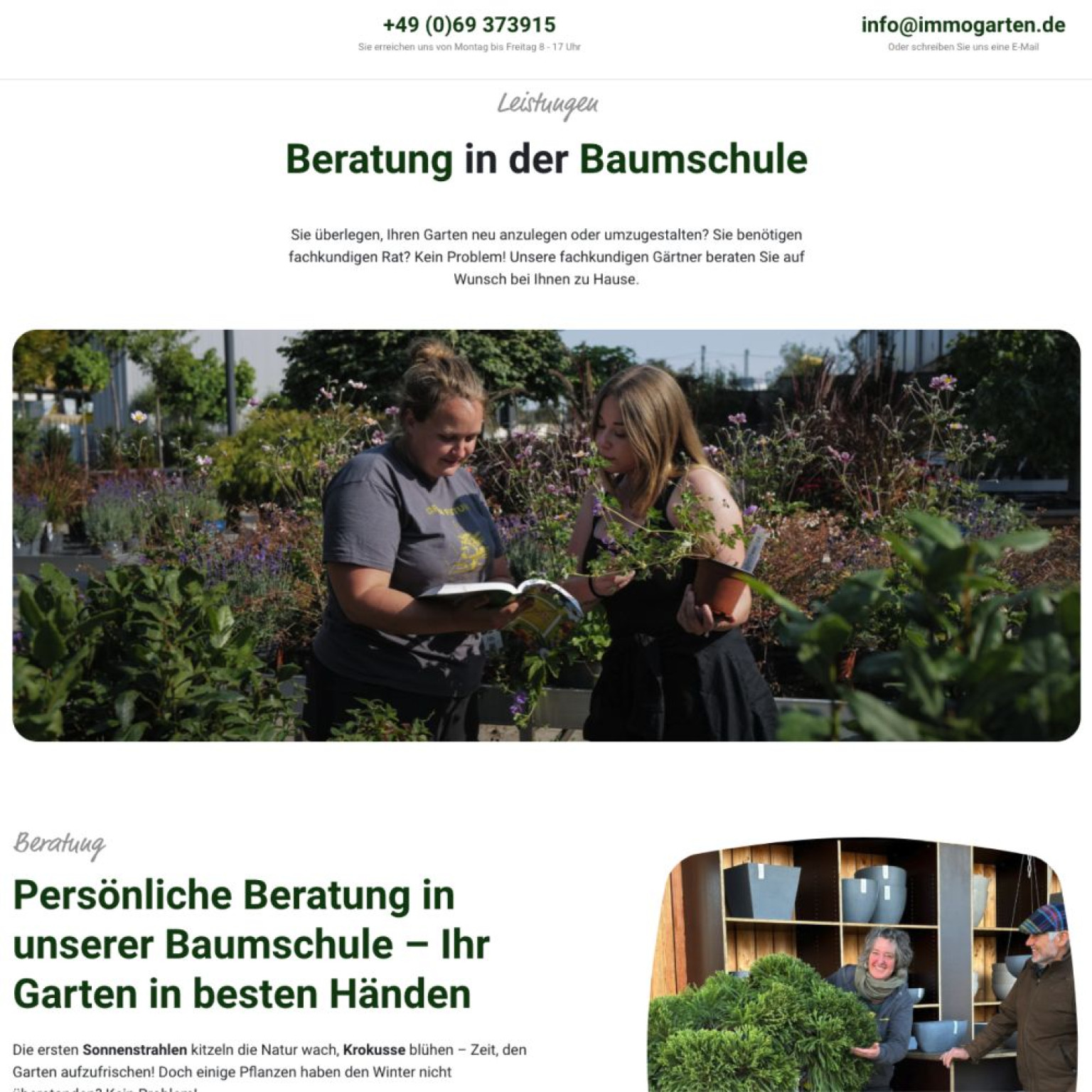Screenshot einer Landingpage über die Baumschule von Immogarten