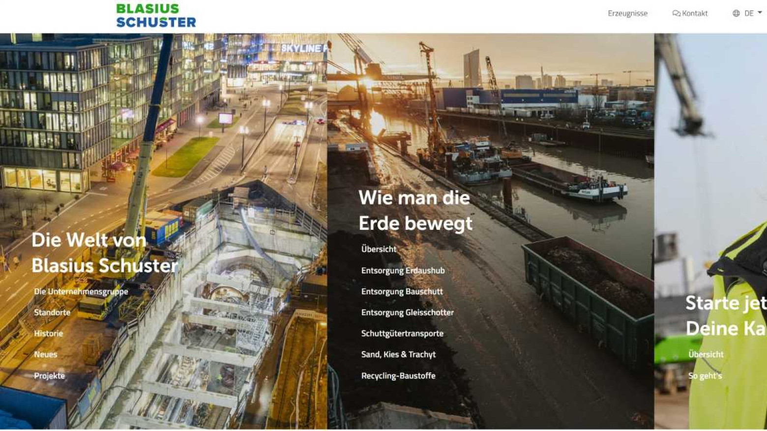creenshot der Startseite von blasiusschuster.de. Die Website ist in drei visuelle Bereiche aufgeteilt: links eine nächtliche Baustellenszene in der Stadt, in der Mitte Kräne und ein Güterzug unter grauem Himmel, rechts eine Frau in Warnweste mit Handy – Teil des Karrierebereichs. Die Texte lauten: „Die Welt von Blasius Schuster“, „Wie man die Erde bewegt“ und „Starte jetzt Deine Karriere“.