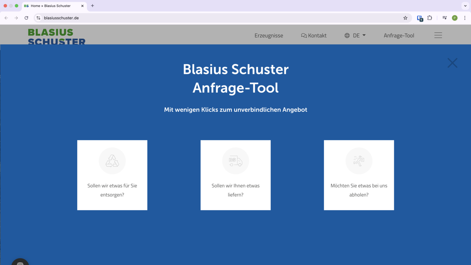 Anfrage-Tool von Blasius Schuster – einfache Online-Anfrage für Entsorgung, Lieferung oder Abholung im Bereich Recycling und Baustofflogistik.