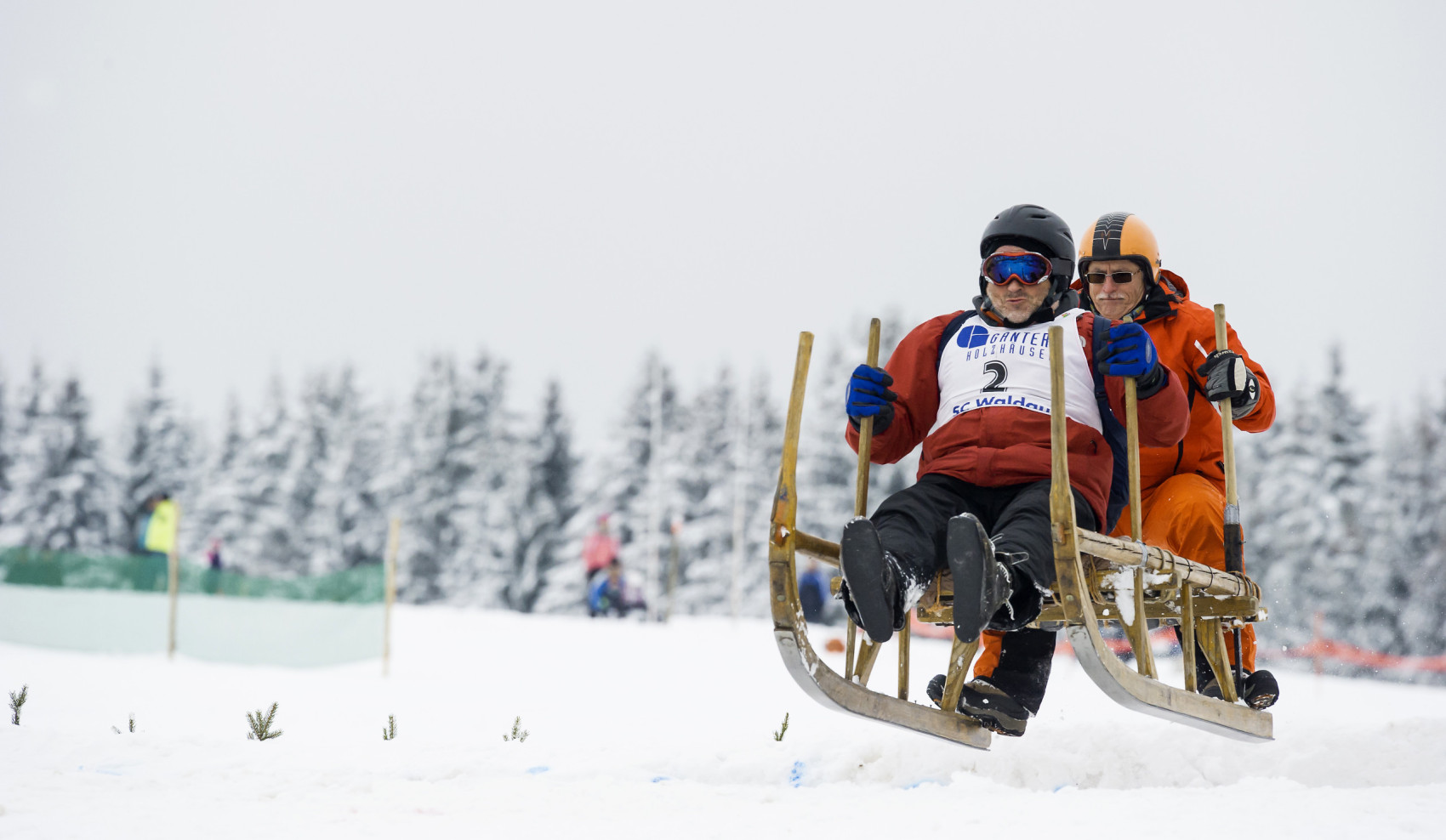 Zwei Personen rasen auf einem Hornschlitten durch den Schnee