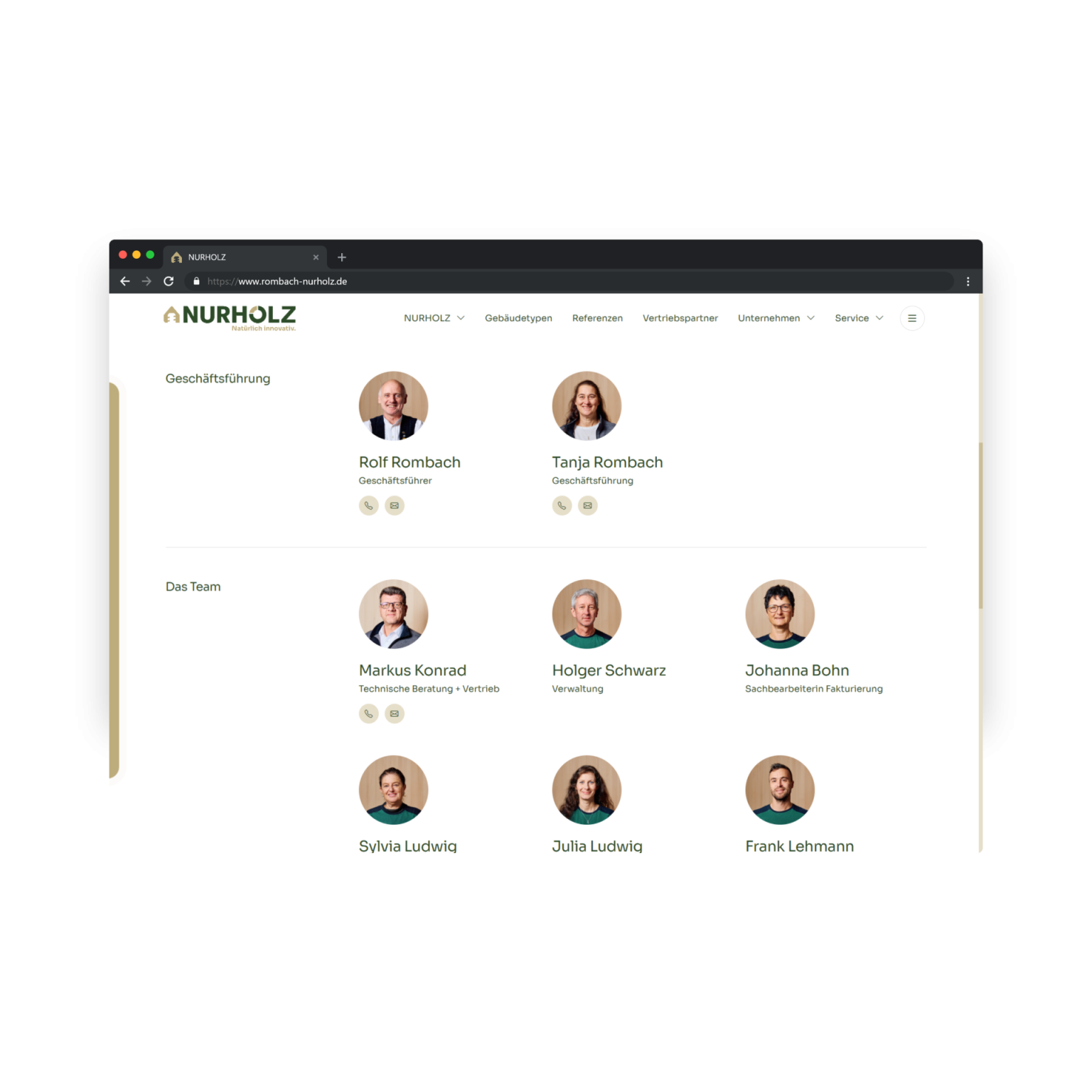 Teamansicht auf der Website von NURHOLZ
