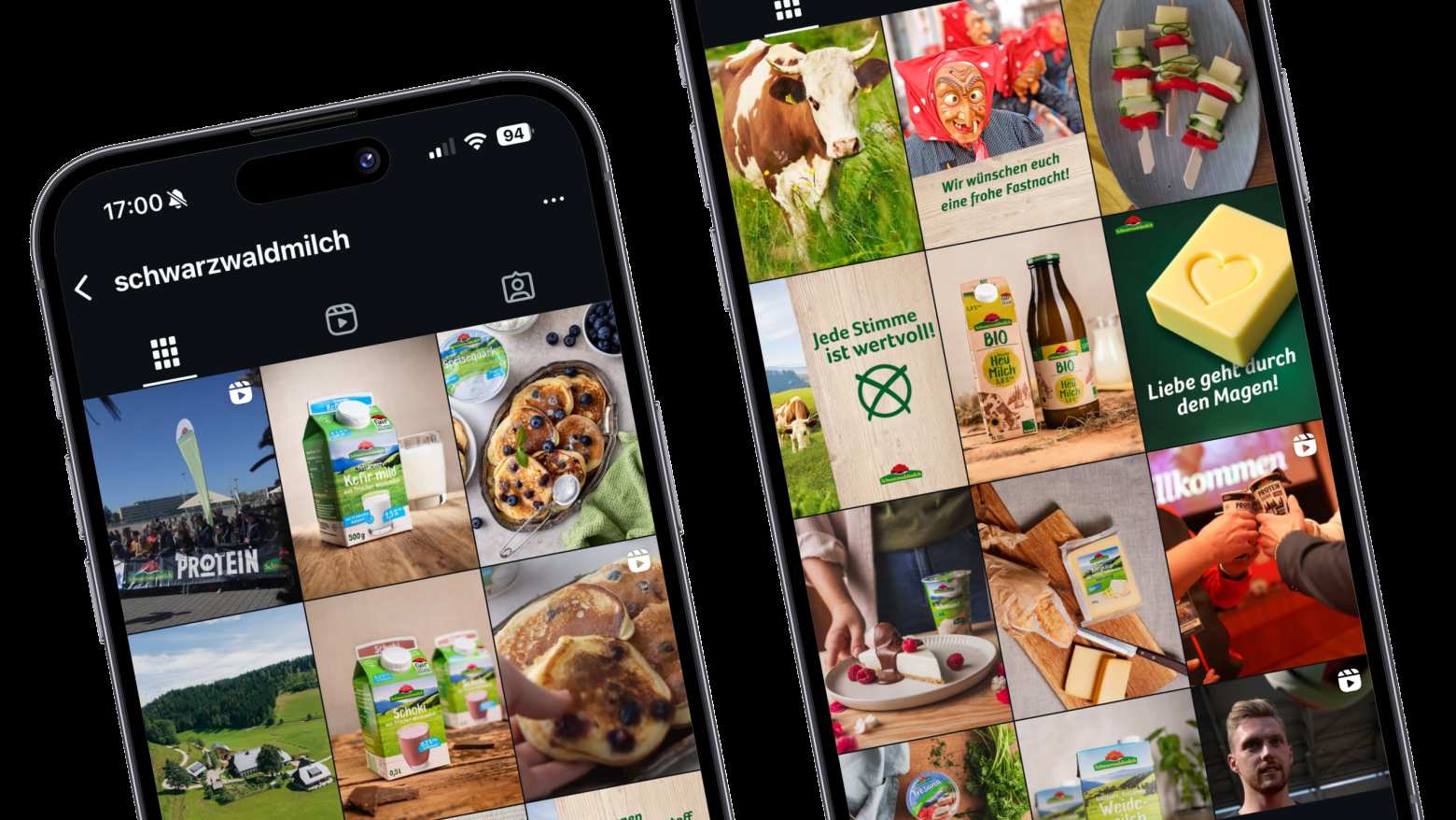 Screenshots von zwei Smartphones, die den Social-Feed von Schwarzwaldmilch zeigen