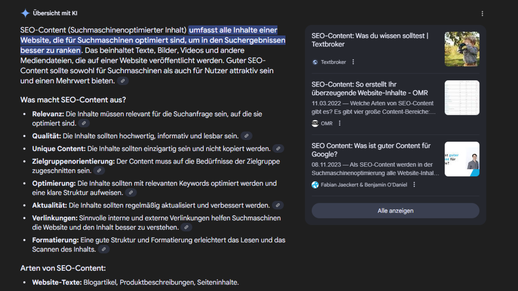 Screenshot enes KI-Suchergebnisses zum Suchbegriff SEO Content